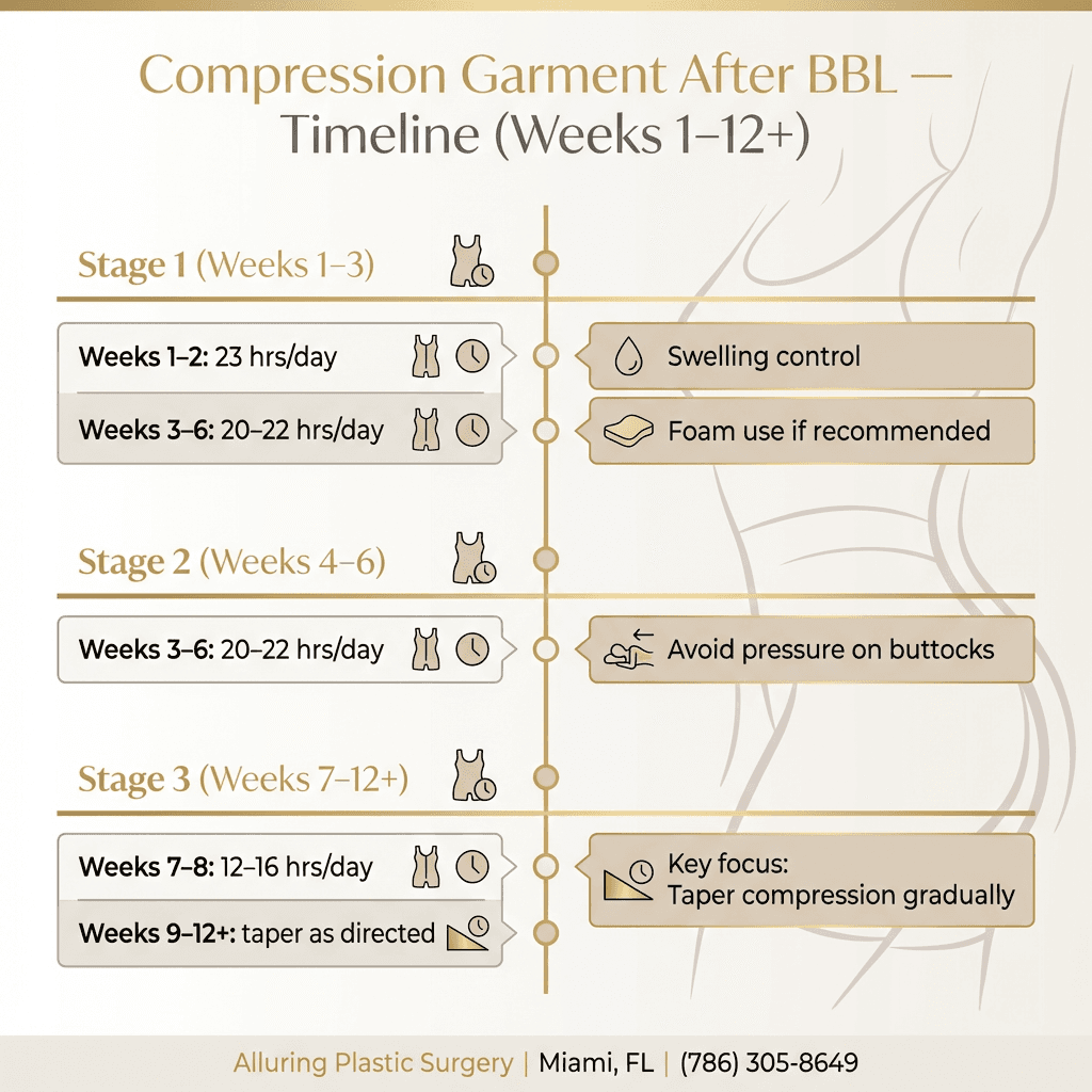 Luxury-branded timeline infographic (Weeks 1â12+) with stage callouts (Stage 1/2/3), daily wear hours, and key focus notes (e.g., swelling, foam use, tapering). Use stone-tone palette with gold accents for headings.