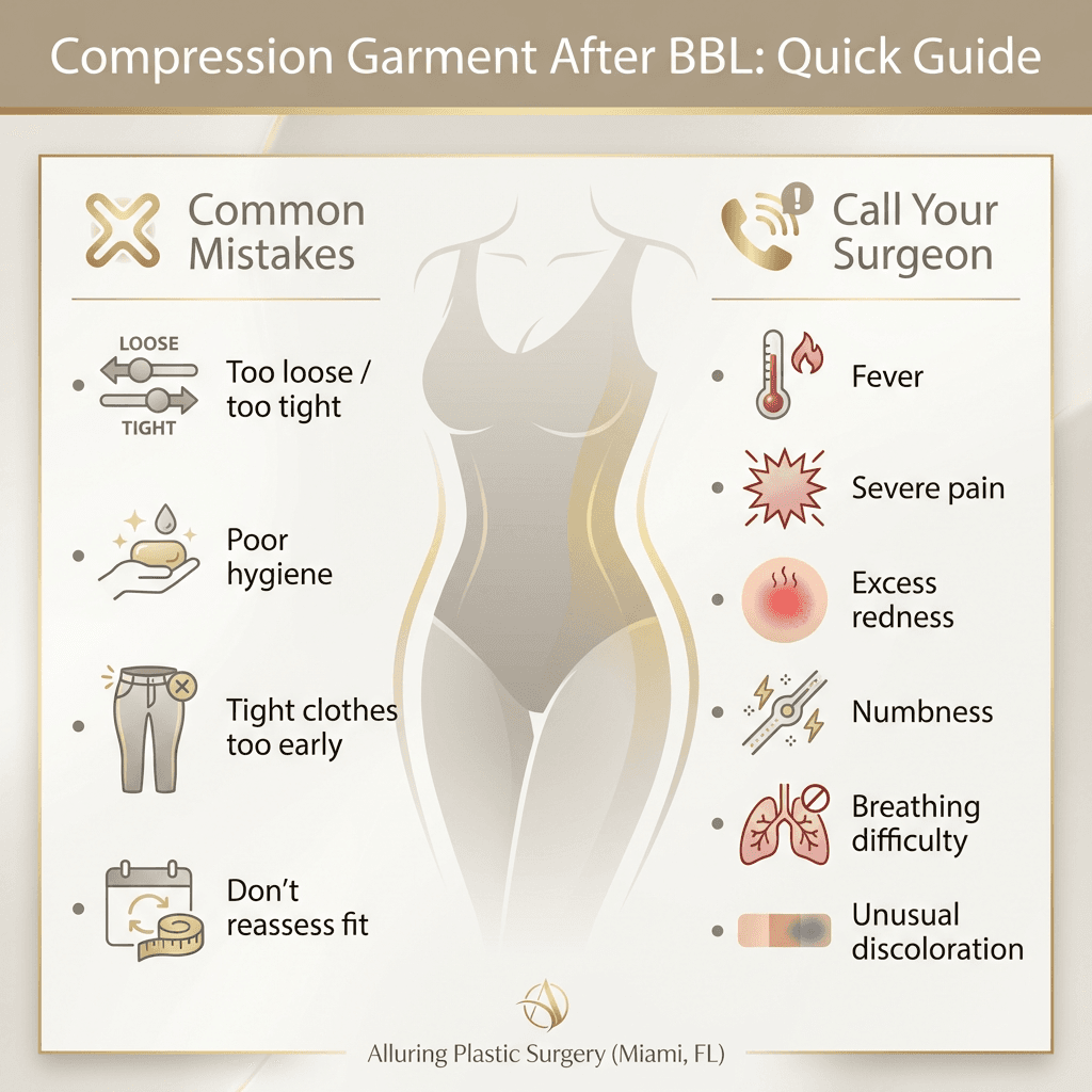 Two-column infographic: âCommon Mistakesâ (too loose/too tight, poor hygiene, tight clothes too early, not reassessing fit) vs âCall Your Surgeonâ (fever, severe pain, excessive redness, numbness, breathing difficulty, unusual discoloration). Luxury clinic branding and clear icons.