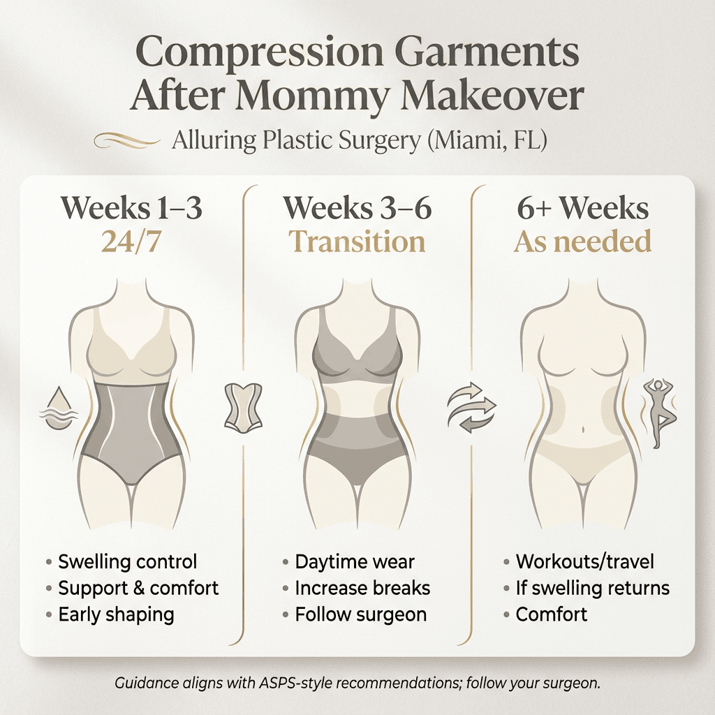 Clean, luxury-styled infographic: âCompression Garments After Mommy Makeoverâ with 1â3 weeks 24/7, transition weeks 3â6, and âas neededâ beyond 6 weeks; include icons for swelling control, support, circulation.