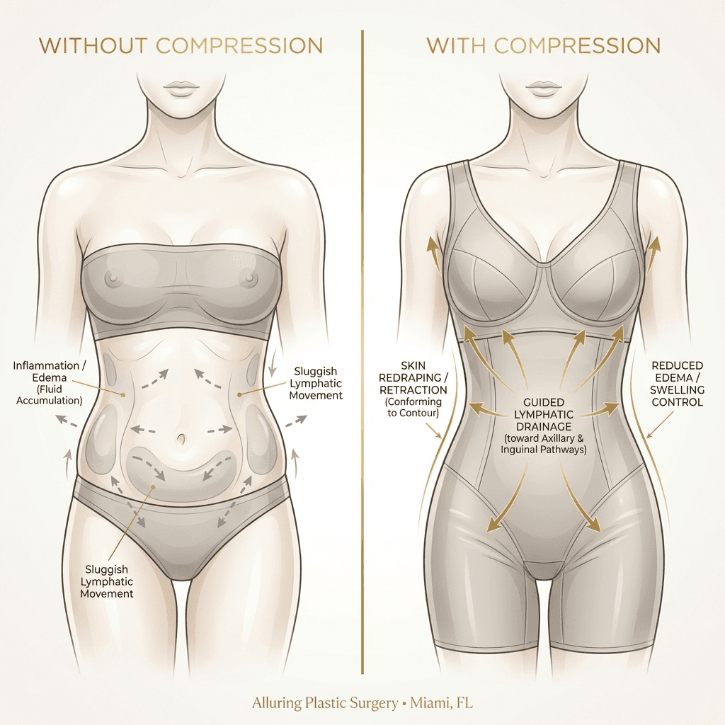 Minimal anatomical illustration showing treated areas (abdomen/waist/breasts), arrows indicating fluid/lymphatic flow with and without compression, and skin retraction/redraping concept.