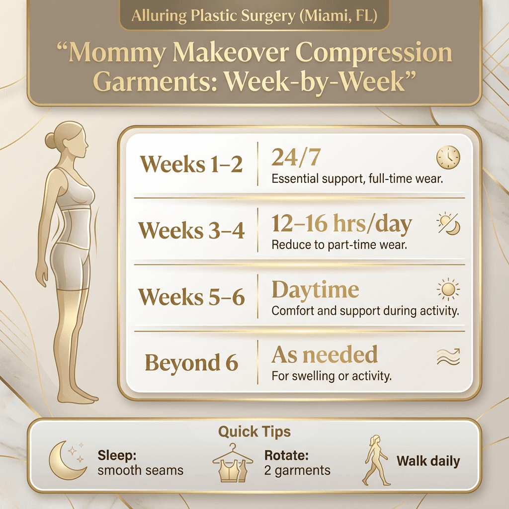 âWeek-by-Week Wear Scheduleâ table/roadmap: 1â2 (24/7), 3â4 (12â16 hrs), 5â6 (daytime), beyond (as needed), plus brief callouts (sleeping tips, garment rotation, walking).