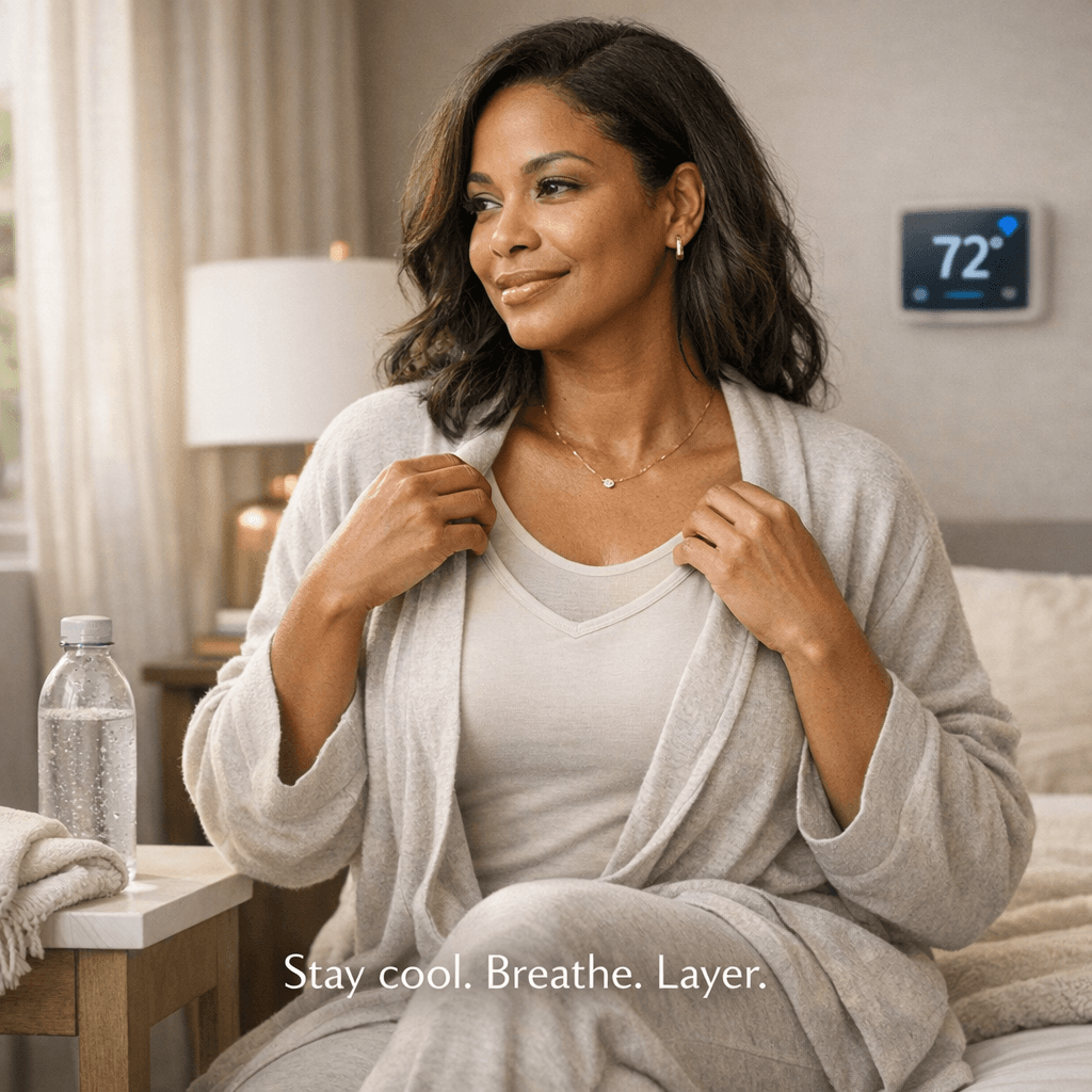 Lifestyle photo: patient at home in a stone-toned, airy bedroom/living space with soft light; subtle suggestion of post-op comfort (loose loungewear/robe), water bottle, thermostat/AC vibe; no explicit medical exposure.