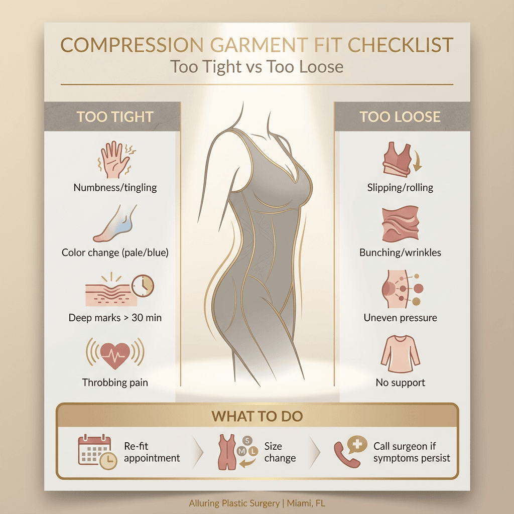 Fit checklist infographic: signs of too tight (numbness, color change, deep marks) vs too loose (slipping, bunching, uneven pressure), plus quick âwhat to doâ (re-fit appointment, size change, call surgeon if symptoms persist).