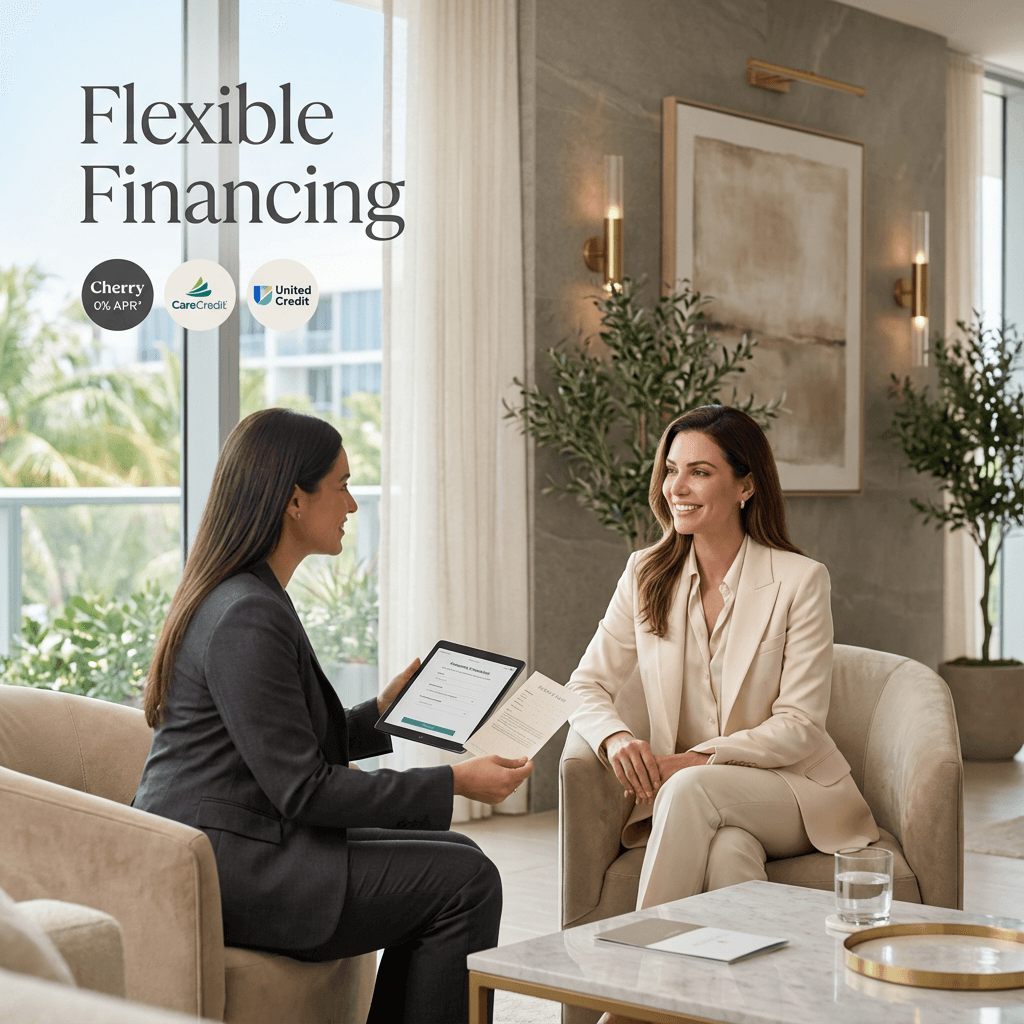 Confident woman consults with patient coordinator in upscale Miami clinic discussing breast augmentation financing options.