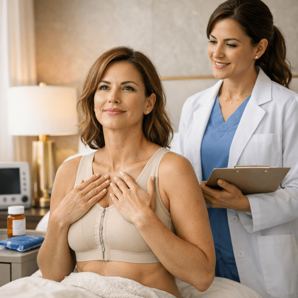 Woman in beige compression bra seated in luxury clinic recovery suite with female surgeon holding aftercare checklist nearby