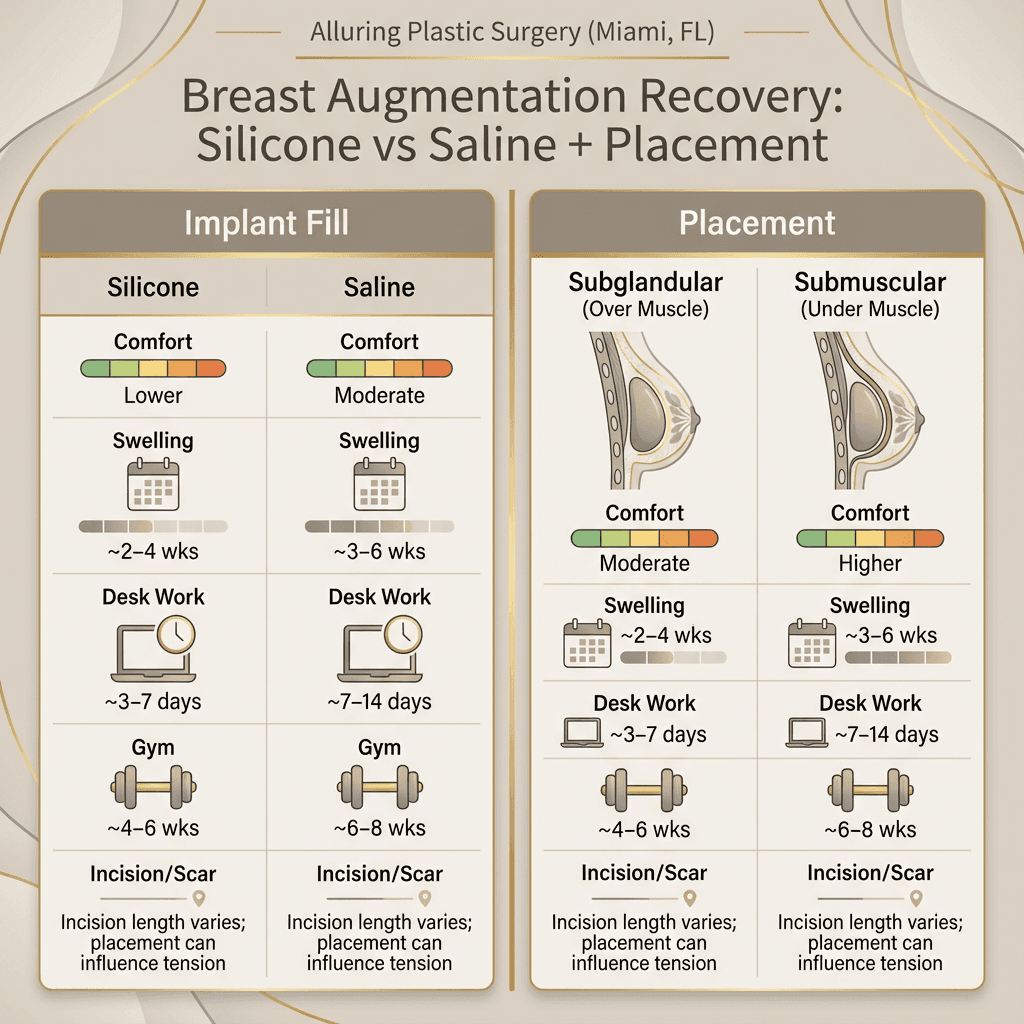 Comparison infographic: silicone vs saline + subglandular vs submuscular (comfort level, typical swelling duration, “back to desk work,” “back to gym,” and incision/scar considerations) in a clean stone-tone/gold-accent clinic brand style.