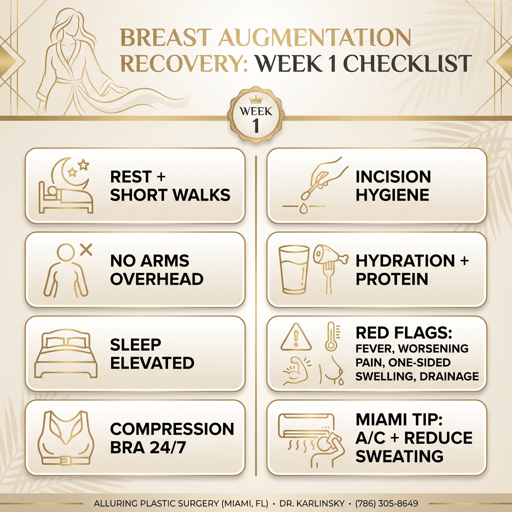 Week 1 recovery checklist graphic: rest/short walks, no arms overhead, sleep elevated, compression bra 24/7, incision hygiene, hydration/protein, red-flag symptoms, and Miami-specific tip (AC + reduce sweating).