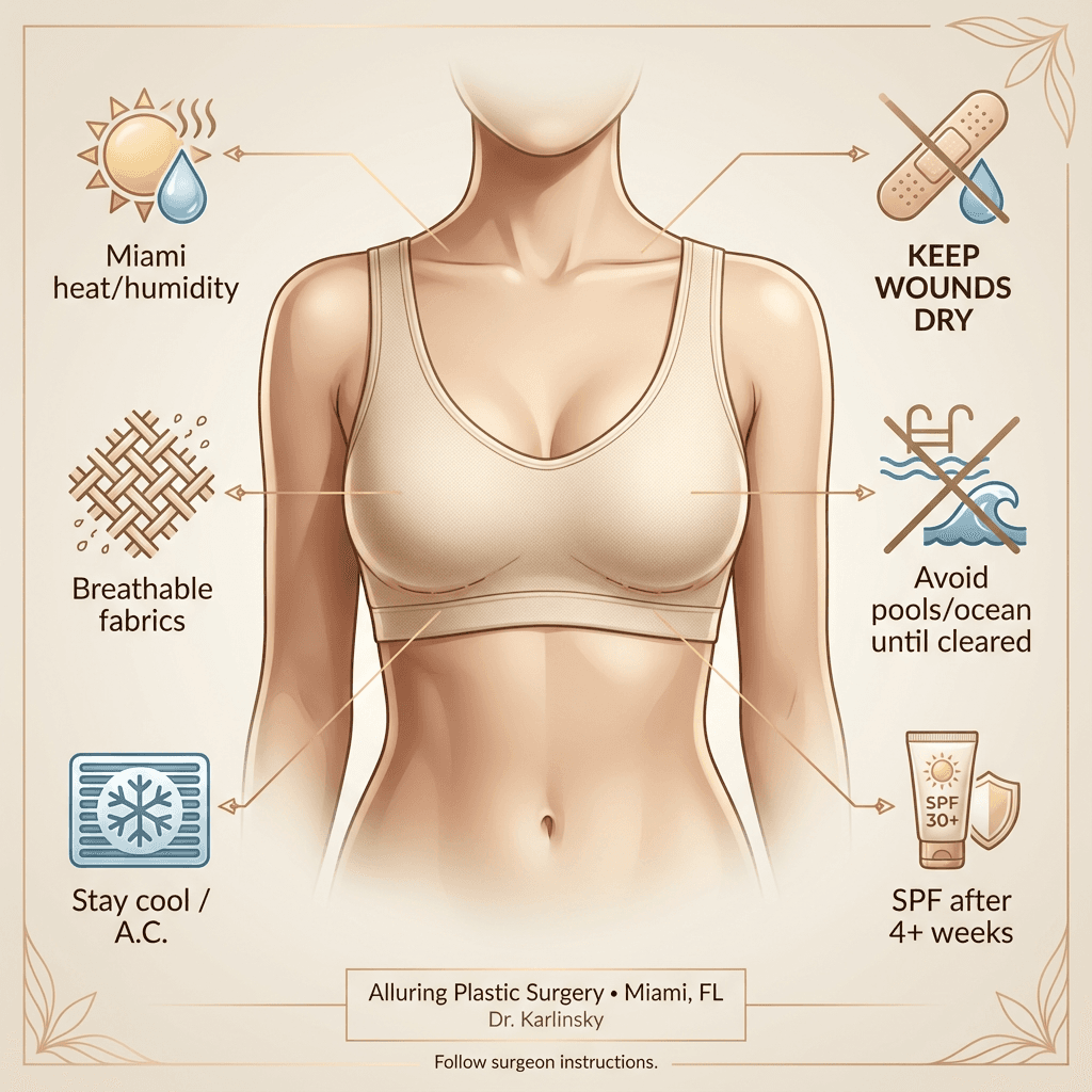 Stylized illustration: Miami heat/humidity icons with incision-care safeguards—breathable fabrics, AC/cool environment, SPF after 4 weeks, avoid pools/ocean until cleared, and “keep wounds dry” callouts in brand stone tones with subtle gold accents.