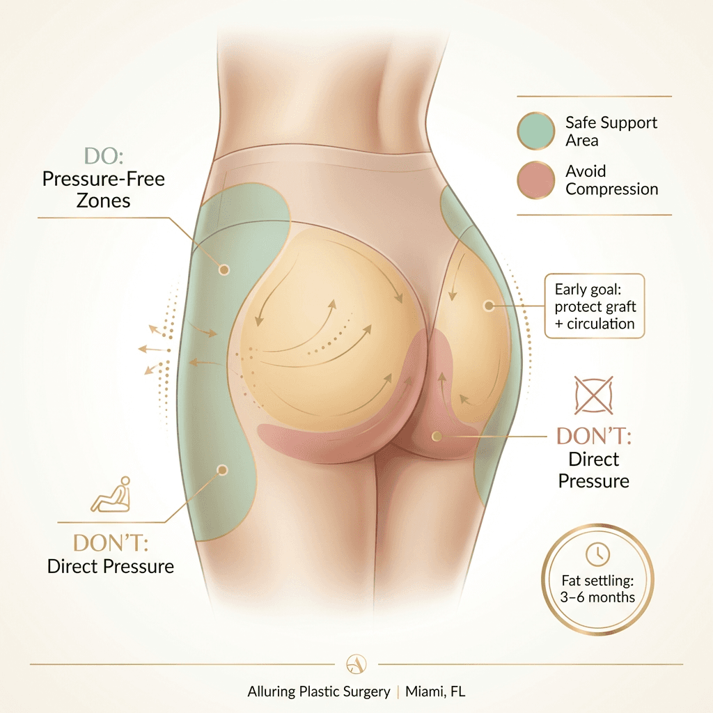 Clean anatomical-style diagram of BBL fat grafting and “do/don’t pressure” zones during early recovery (buttocks protection, circulation focus), in clinic brand stone tones with subtle gold callouts.