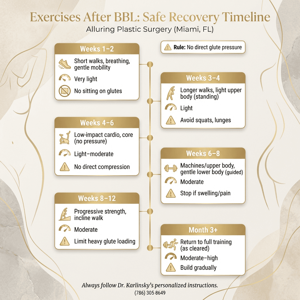 Week-by-week BBL exercise timeline infographic (Weeks 1–2, 3–4, 4–6, 6–8, 8–12, Month 3+), including “allowed activities,” “intensity,” and key cautions (no direct glute pressure).