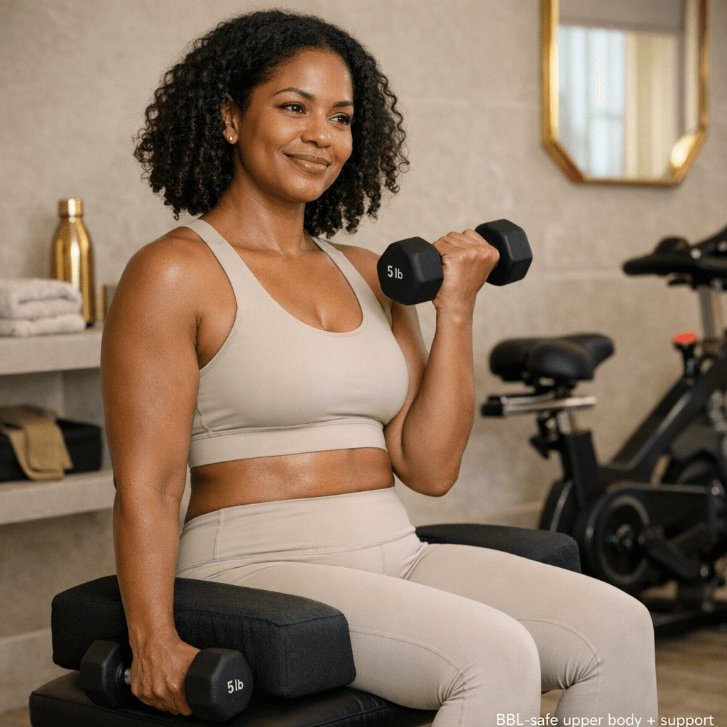 Premium in-clinic or home-gym scene: woman doing seated upper-body dumbbell curls with a BBL pillow or side-lying setup; secondary detail of a stationary bike with a wide cushioned seat. Neutral stone palette, gold-accent props.