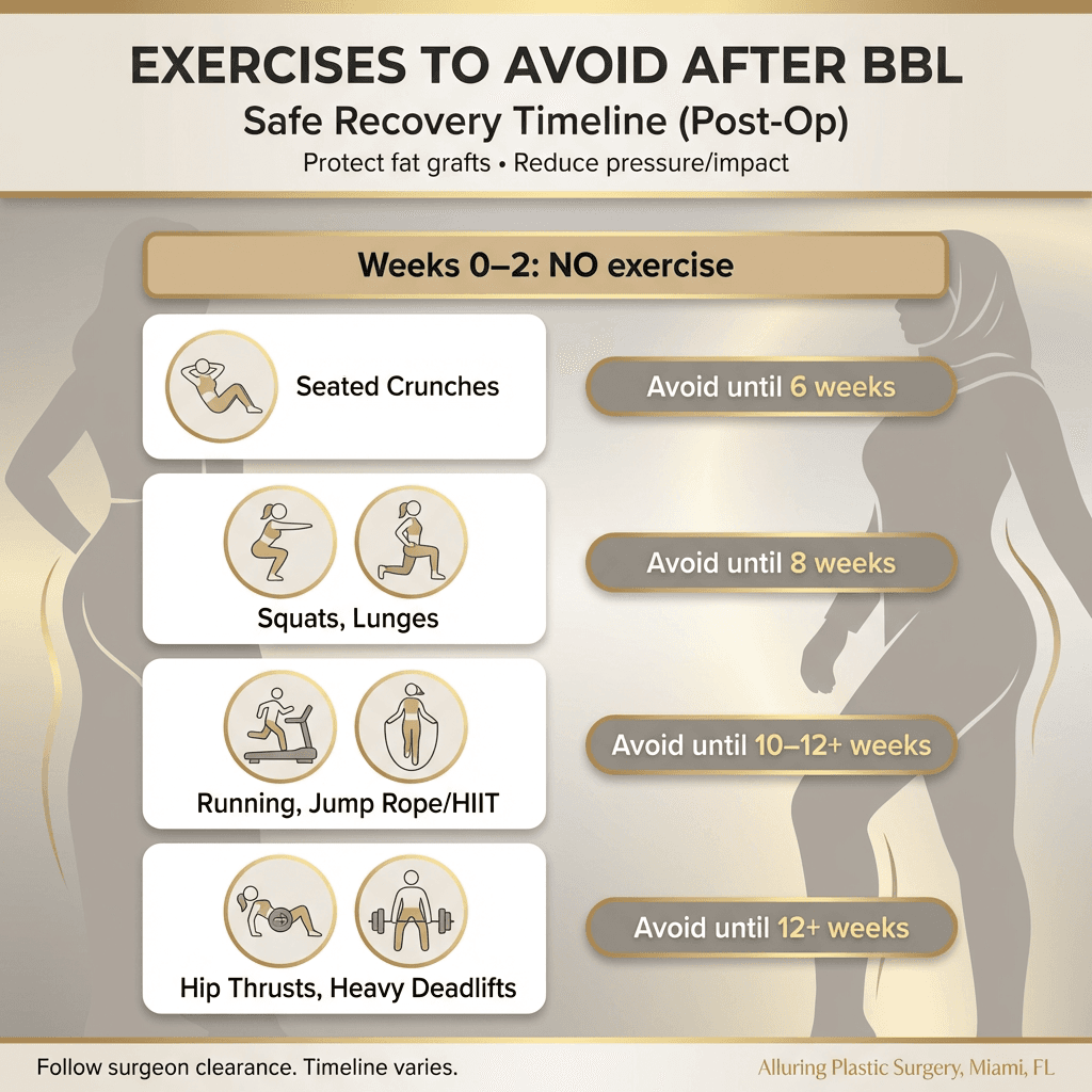 “Exercises to Avoid After BBL” checklist graphic with icons (squat, lunge, treadmill running, jump rope, hip thrust, heavy deadlift, seated crunch) + clearance windows (e.g., avoid until 8–12+ weeks).