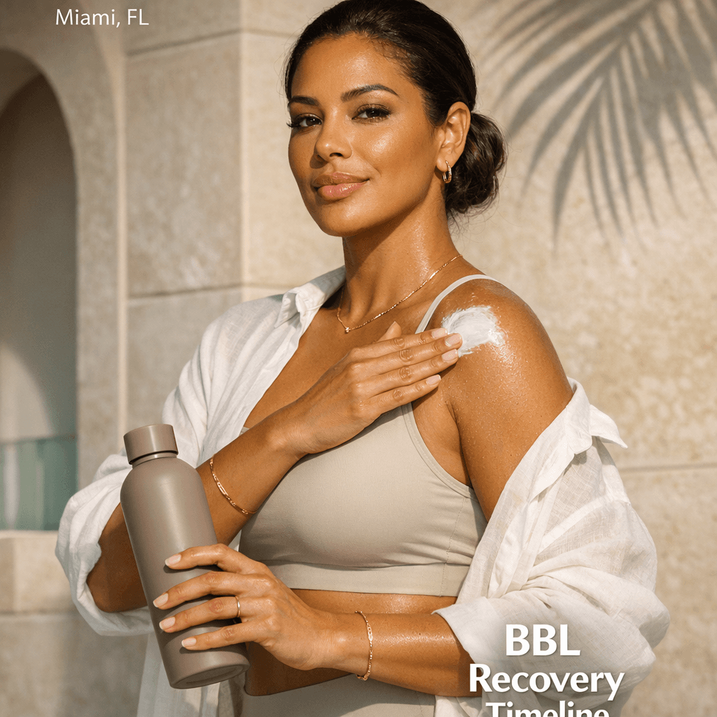 Aspirational Miami recovery lifestyle: woman in airy, neutral athleisure holding a water bottle, applying SPF, walking indoors or in shaded early-morning light; subtle Miami cues (palm shadow, bright coastal light) without feeling touristy.