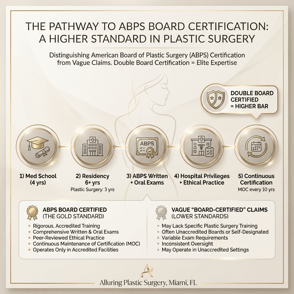 Clean, luxury-styled timeline/diagram: Med school → 6+ years residency (3 plastic surgery) → written/oral exams → hospital privileges/ethical practice → maintenance of certification every 10 years.