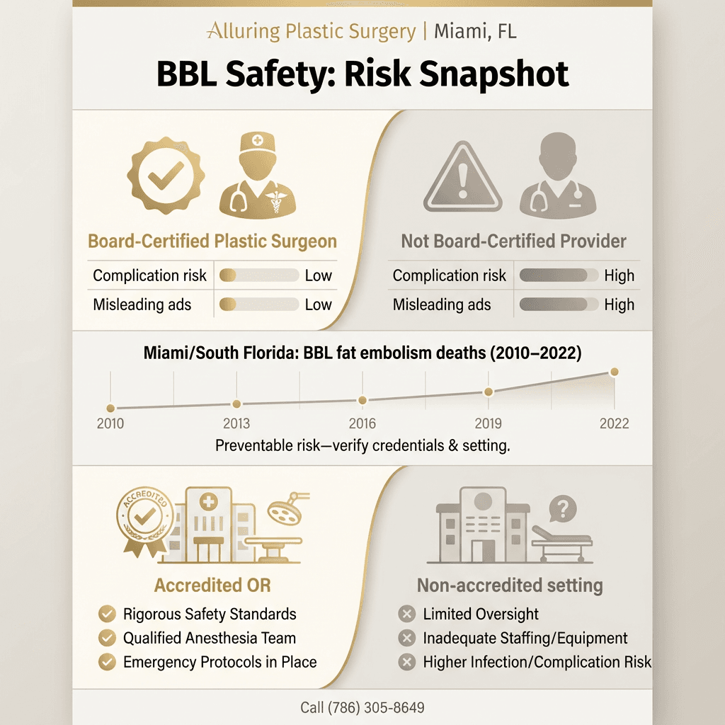 Risk snapshot infographic: Board-certified vs non-certified (complication risk), Miami/South Florida BBL fat embolism deaths (2010–2022), and a callout on accredited vs non-accredited settings in neutral stone/gold palette.