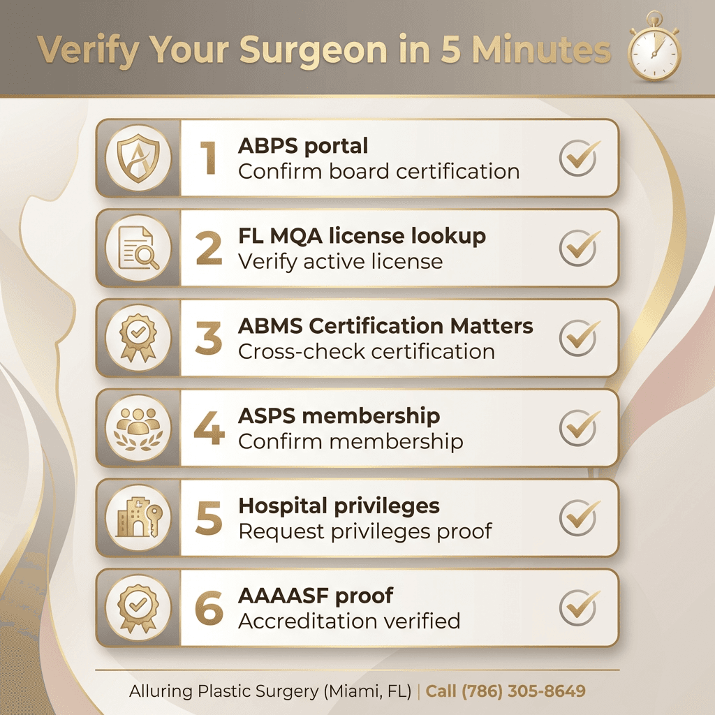 “Verify Your Surgeon in 5 Minutes” checklist graphic with the exact sources: ABPS portal, FL MQA license lookup, ABMS Certification Matters, ASPS membership, hospital privileges + AAAASF proof.