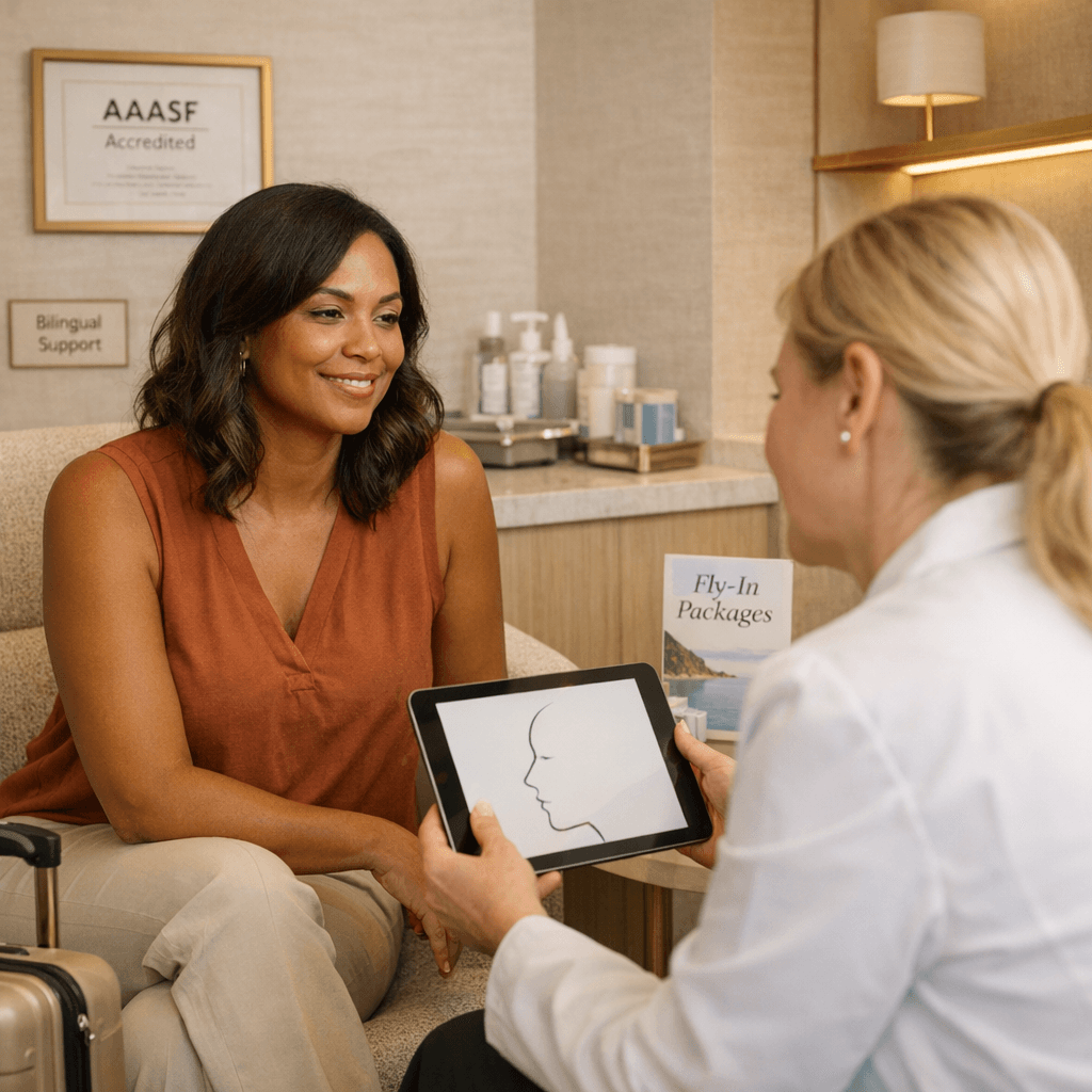 Premium in-clinic moment: Dr. Karlinsky or a clinician in consult with a patient (faces optional), warm stone-toned interiors, subtle gold accents; alternatively an elegant exterior/interior facility shot highlighting accredited, professional environment.