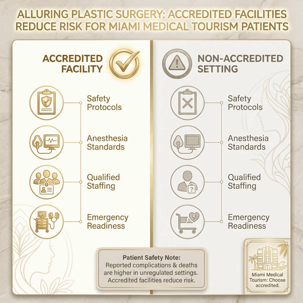Side-by-side comparison infographic: Accredited facility vs non-accredited setting (safety protocols, anesthesia standards, staffing, emergency readiness), with a small “Miami medical tourism” callout.