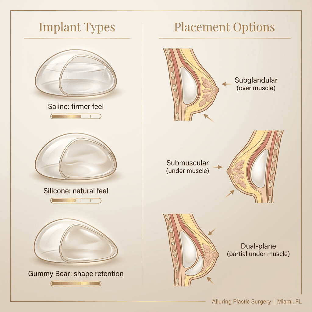 Elegant educational diagram panel: saline vs silicone vs gummy bear (shape/feel notes), plus a simplified cross-section showing subglandular vs submuscular vs dual-plane placement.