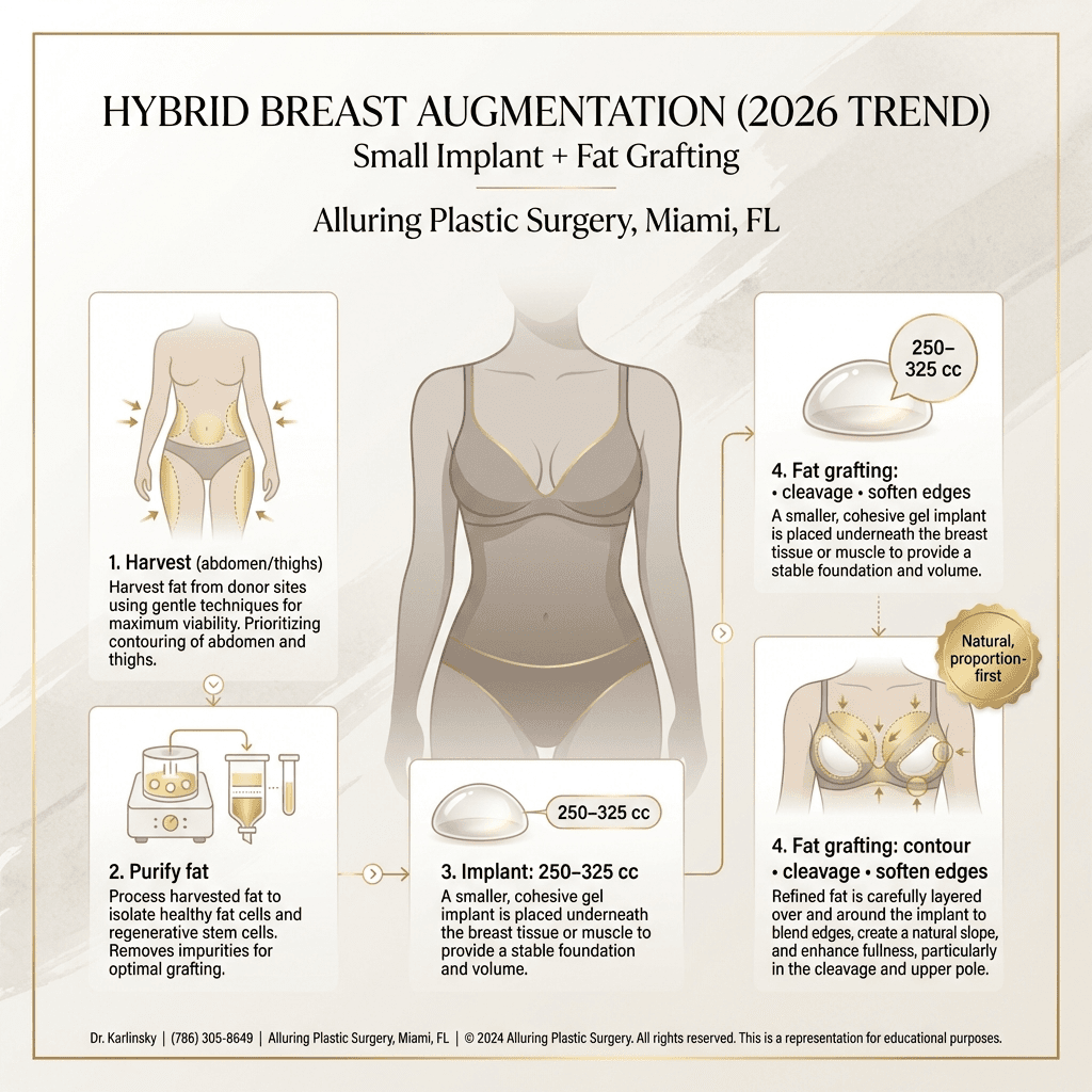 3–5 step hybrid augmentation process graphic (harvest areas like abdomen/thighs → purification → small implant placement → fat grafting for contour/cleavage/softening), with “natural, proportion-first” callouts.