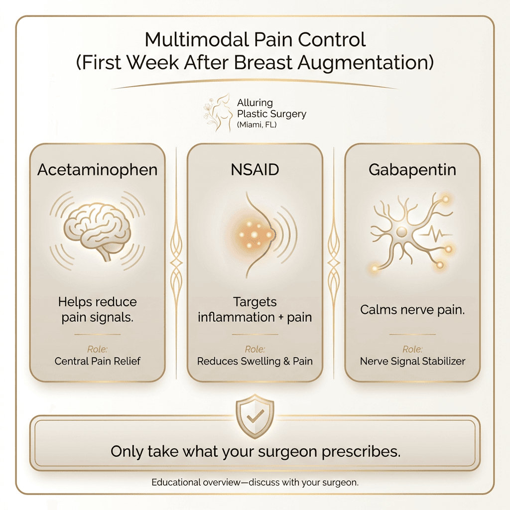 “Multimodal pain control” diagram: three columns (acetaminophen/NSAID/gabapentin) with mechanism icons (brain/inflammation/nerve), plus a boxed safety note: “Only take what your surgeon prescribes.”