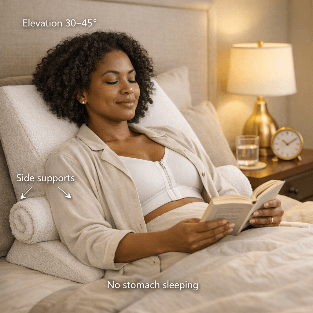 Lifestyle photo of a woman resting in bed on a wedge pillow at ~30–45°, neutral bedding in beige/cream, subtle gold accent decor; optional overlay labels: “elevation,” “side supports,” “no stomach sleeping.”