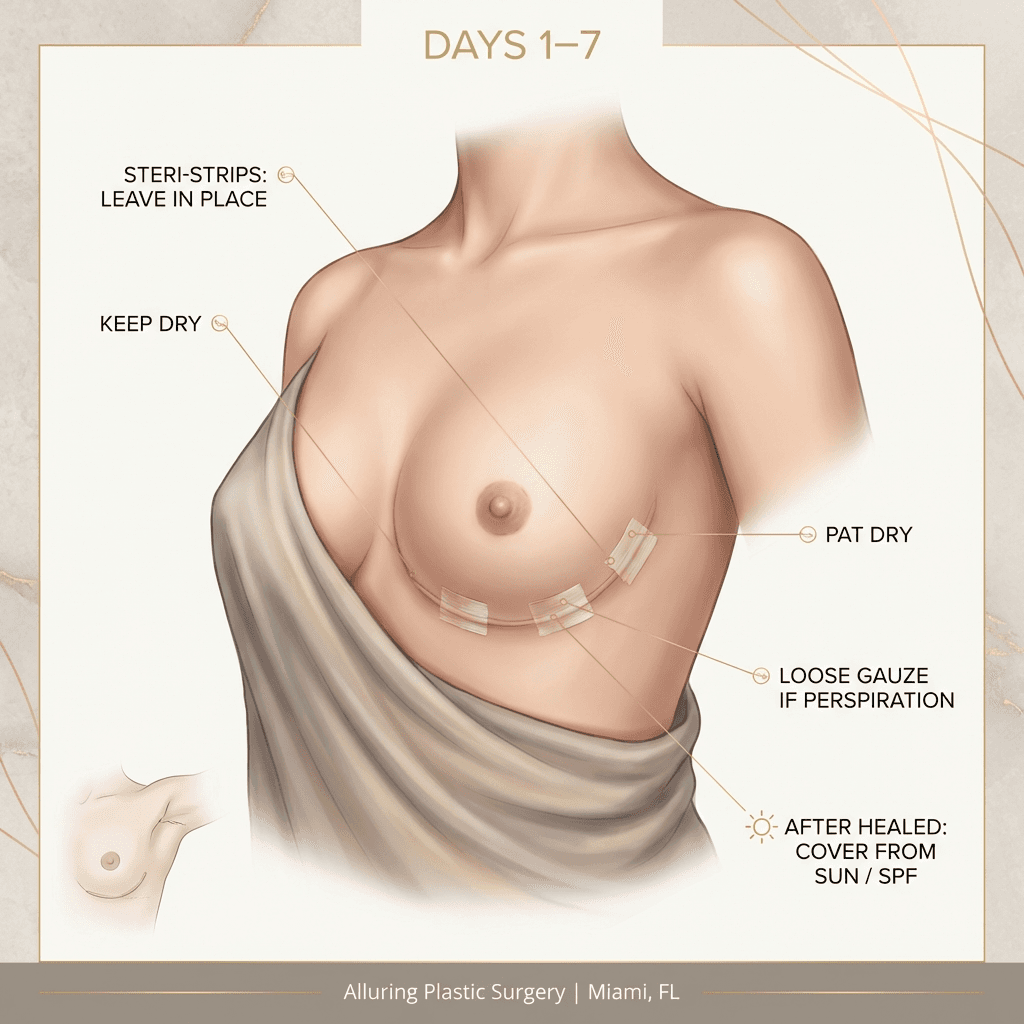 Minimal anatomical/medical illustration of the breast area with discreet incision lines (non-graphic), steri-strip placement, “keep dry,” “pat dry,” “loose gauze if perspiration,” and “cover from sun/SPF after healed” callouts.