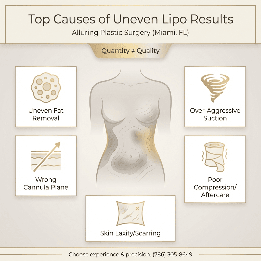 “Top Causes of Uneven Lipo Results” infographic: uneven fat removal, cannula technique/planes, over-aggressive suction, poor aftercare/compression, skin laxity/scarring—styled in beige/cream with gold icons.