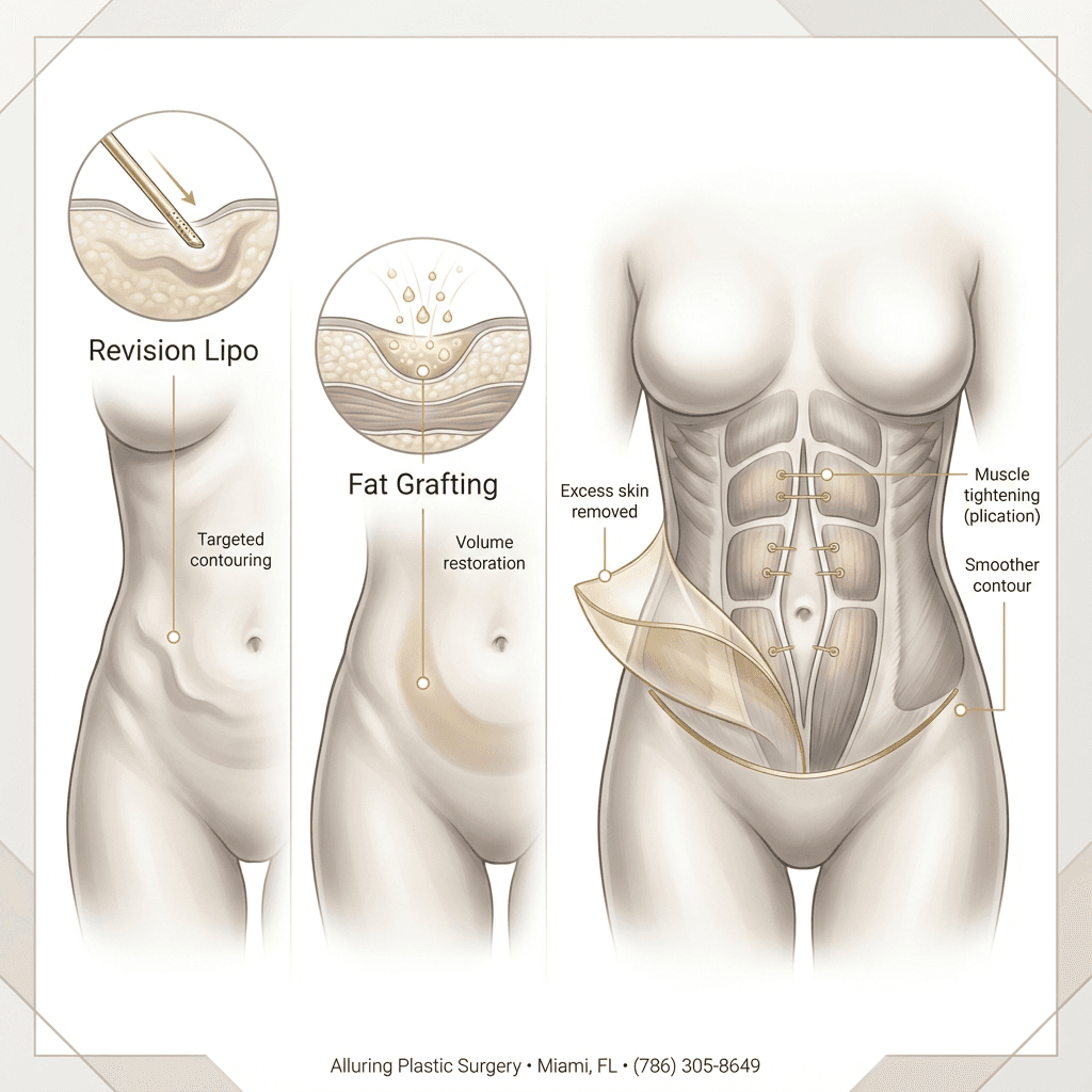 Simple, elegant anatomical illustration comparing three surgical tools/options: revision liposuction (targeted contouring), fat grafting (volume fill), abdominoplasty (skin/muscle tightening)—minimal labels, clinic-brand palette.