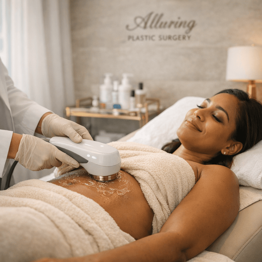 In-clinic non-surgical treatment scene (provider holding RF/ultrasound device near abdomen/arm area, patient draped modestly), bright natural light, stone-toned room, polished luxury aesthetic.