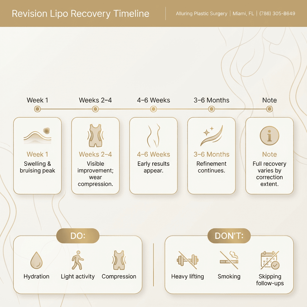 “Revision Lipo Recovery Timeline” infographic: Week 1 swelling/bruising peak, Weeks 2–4 improvement + garments, 4–6 weeks early results, 3–6 months refinement; include do/don’t icons (compression, hydration, light activity).