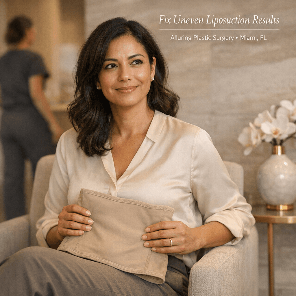 Confident woman in neutral outfit holds compression garment in modern Miami plastic surgery consultation lounge