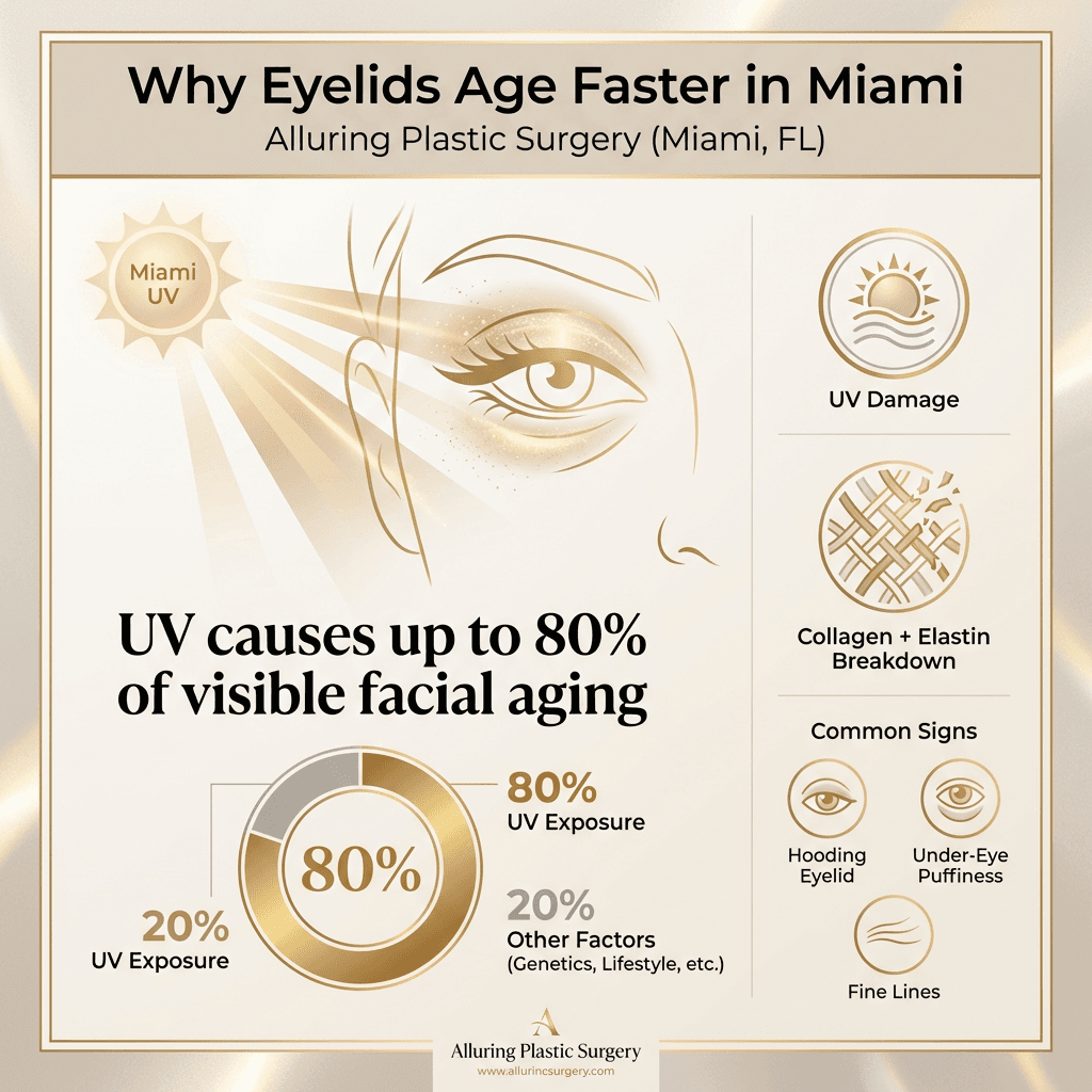 Infographic: “Why eyelids age faster in Miami” featuring UV impact, collagen/elastin breakdown, and common signs (hooding, puffiness, fine lines) in warm stone tones with subtle gold accents.