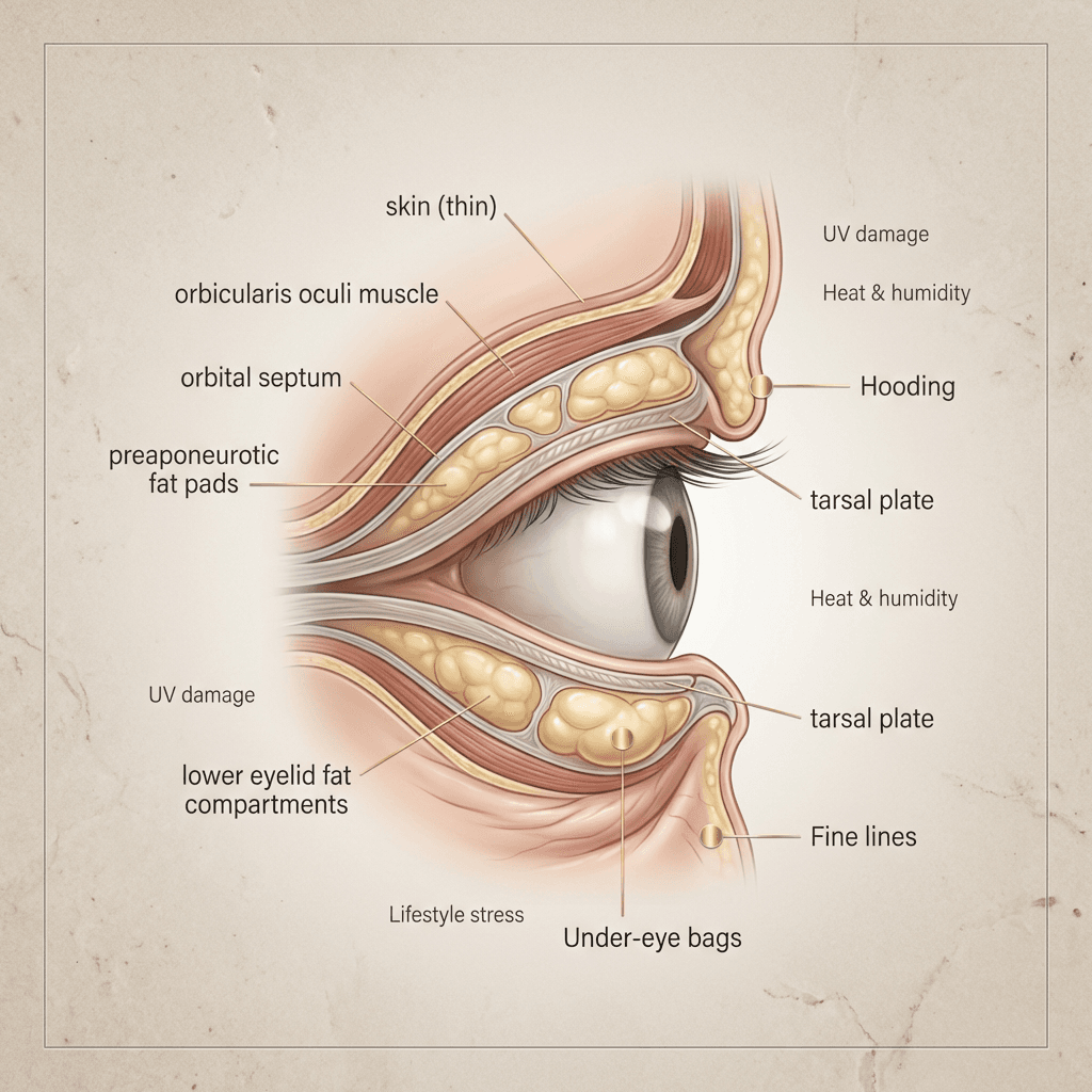 Clean anatomical illustration of upper/lower eyelid layers (skin, muscle, fat pads) with callouts for “hooding,” “under-eye bags,” and “fine lines,” using beige/cream background and gold callout lines.