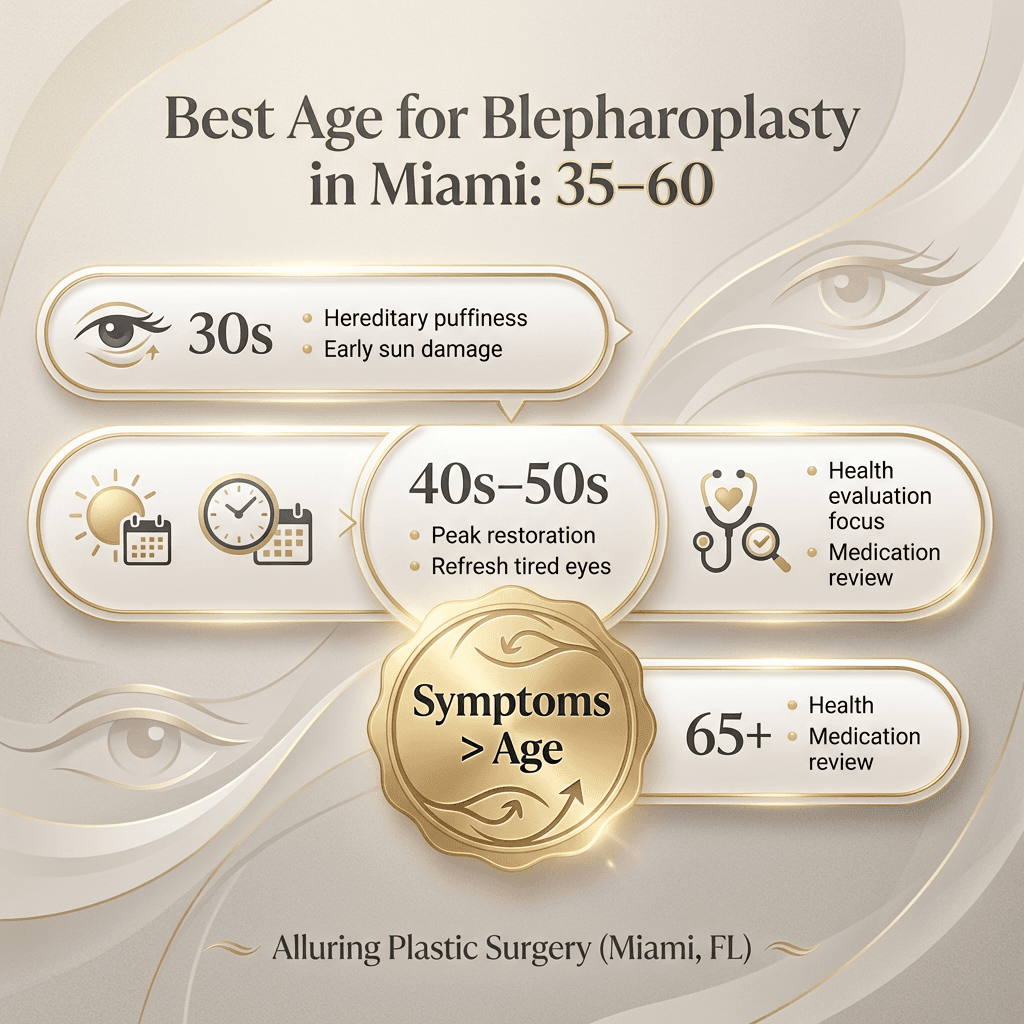 Timeline infographic: 30s (hereditary puffiness/early sun damage), 40s–50s (peak restoration), 65+ (health evaluation focus), with “symptoms > age” highlighted in a gold-accent badge.