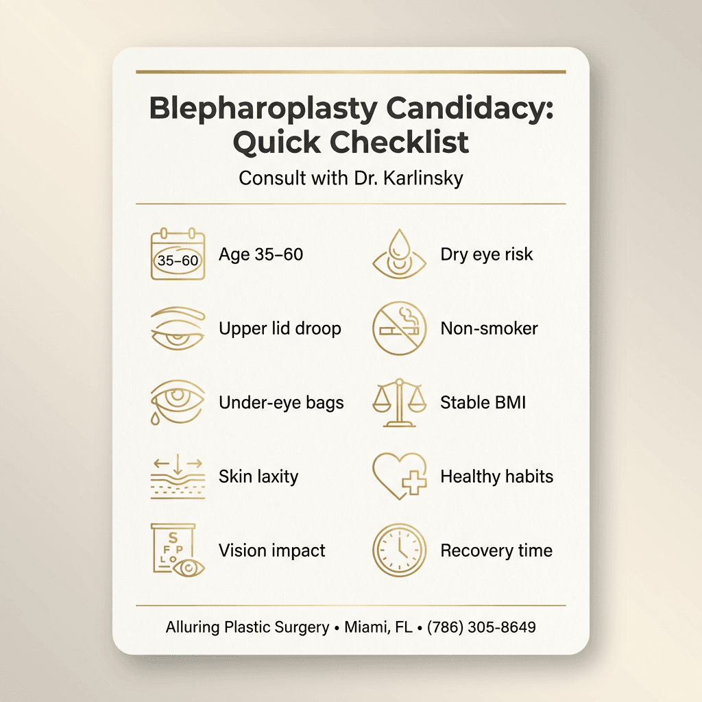 Branded “Blepharoplasty Candidacy: Quick Checklist” card with 10 icons (vision, skin laxity, dry eye, smoking, BMI stability, schedule, etc.) in warm neutrals and gold accents.