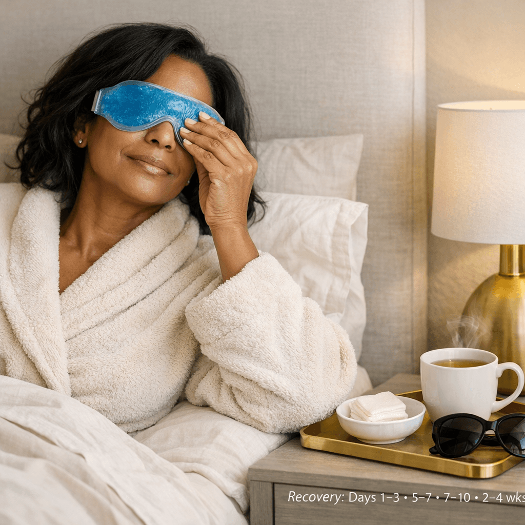Lifestyle photo: elegant, well-lit recovery scene—woman in a neutral-toned robe with cool compress/tea, dark sunglasses nearby, minimalistic bedroom in beige/cream tones with subtle gold detail (tasteful, non-clinical).
