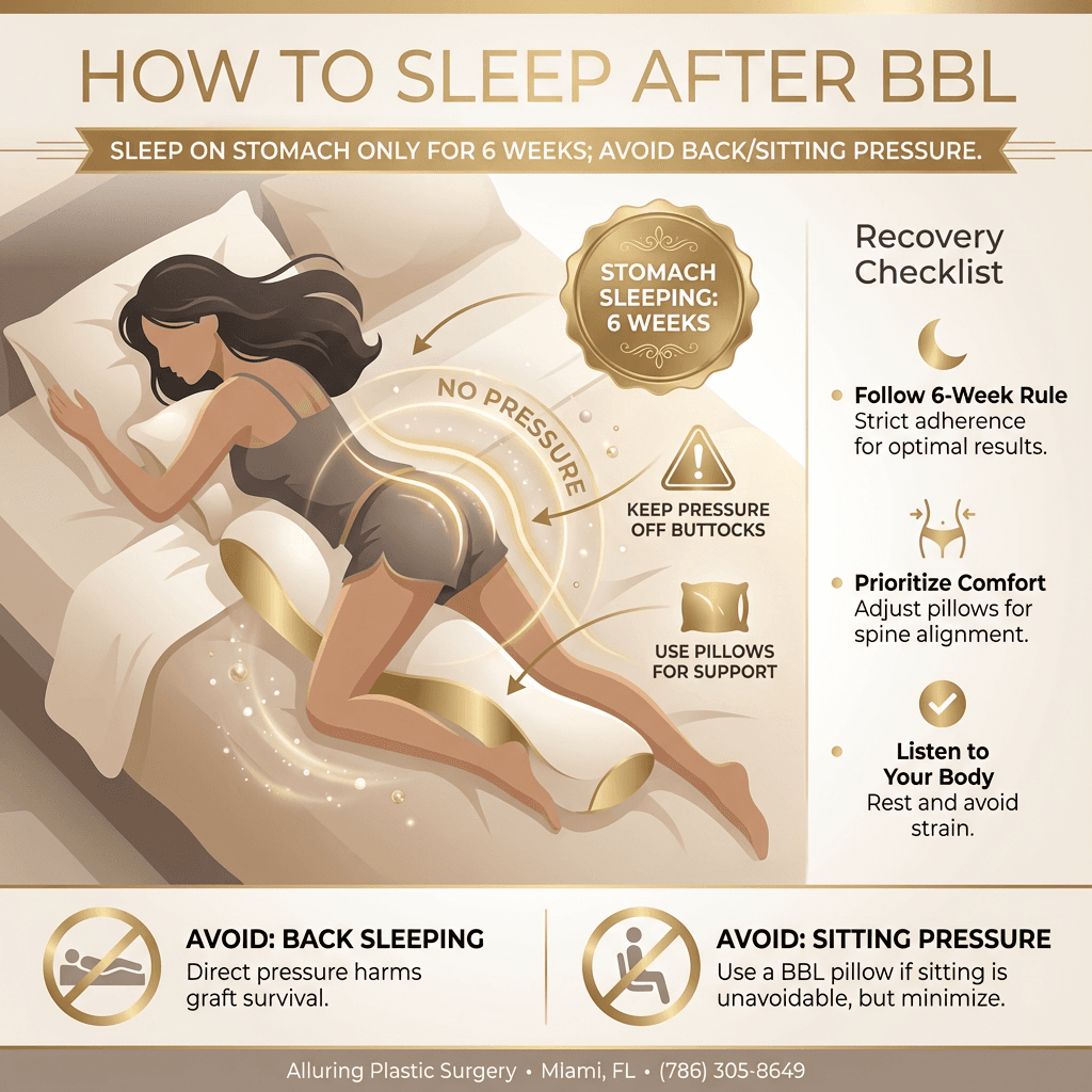 BBL sleep positioning quick guide: stomach-sleeping setup, pressure-free zones, and ‘avoid back/sitting pressure’ callouts in stone-tones with gold accents