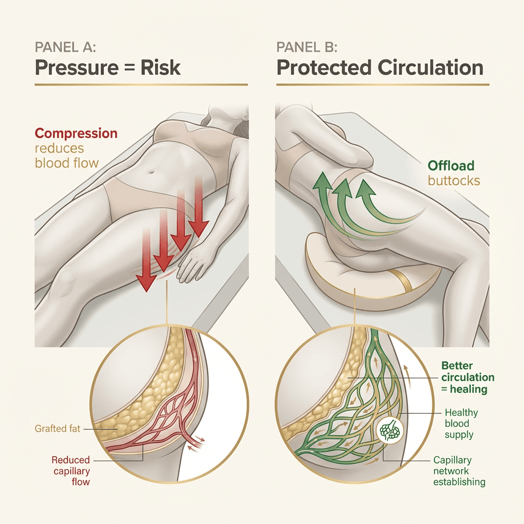 Simplified medical illustration showing fat grafted to buttocks, with arrows indicating compression risk vs. protected circulation (no graphic content)