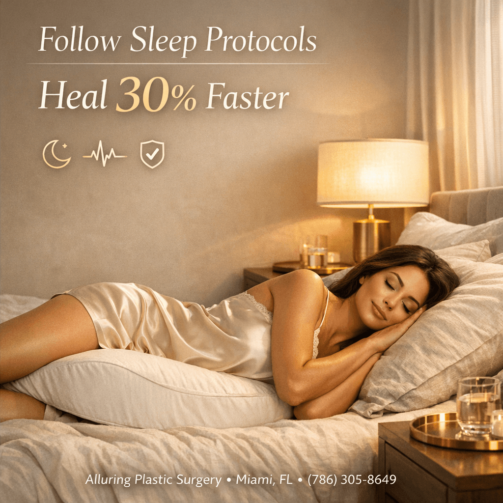 Elegant branded stat card: “Follow sleep protocols: heal 30% faster” with subtle medical iconography and Alluring’s stone/gold palette