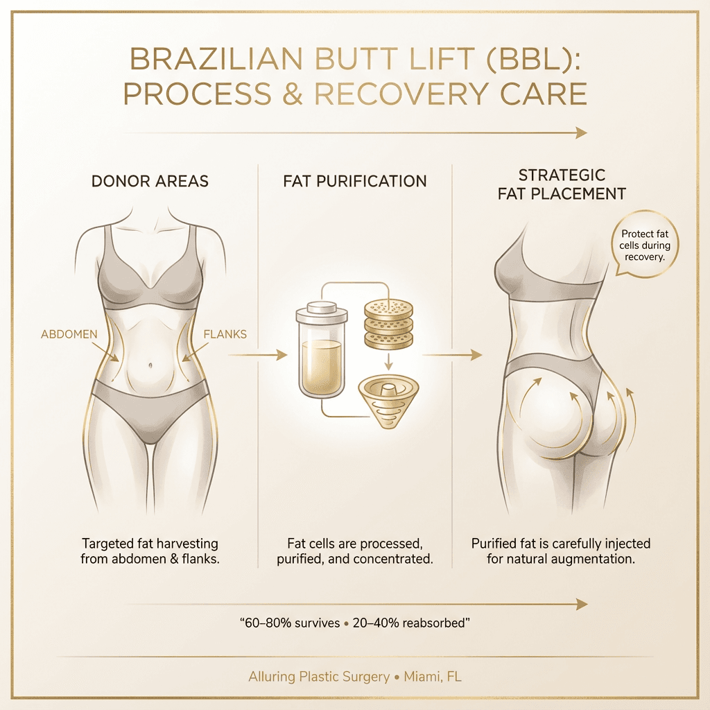 Clean, tasteful 3-step diagram: donor areas (abdomen/flanks) → fat purification → strategic fat placement to buttocks. Include a small callout: “Protect fat cells during recovery.”