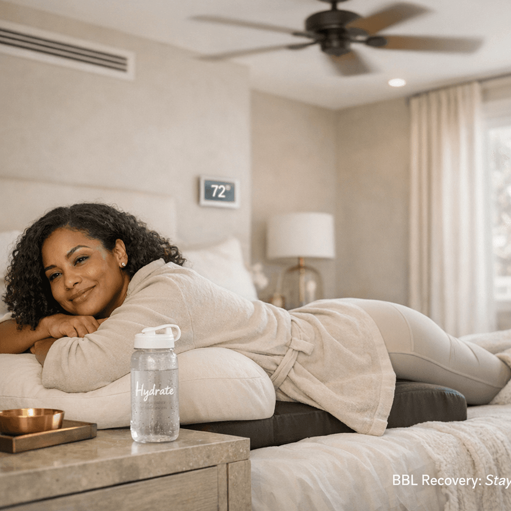 Tasteful lifestyle scene: a post-op mom resting comfortably at home in a light, stone-toned space with AC/fan implied; hydration bottle on side table; calm, upscale recovery vibe (no medical gore).