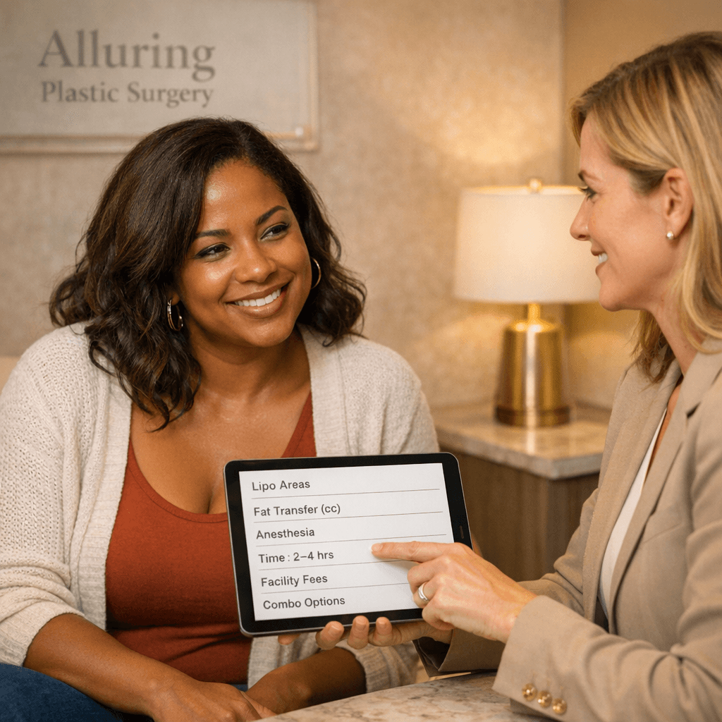 Premium clinic consultation moment: surgeon or coordinator reviewing a personalized plan/tablet with a patient; neutral stone palette with subtle gold accents; professional, reassuring body language.