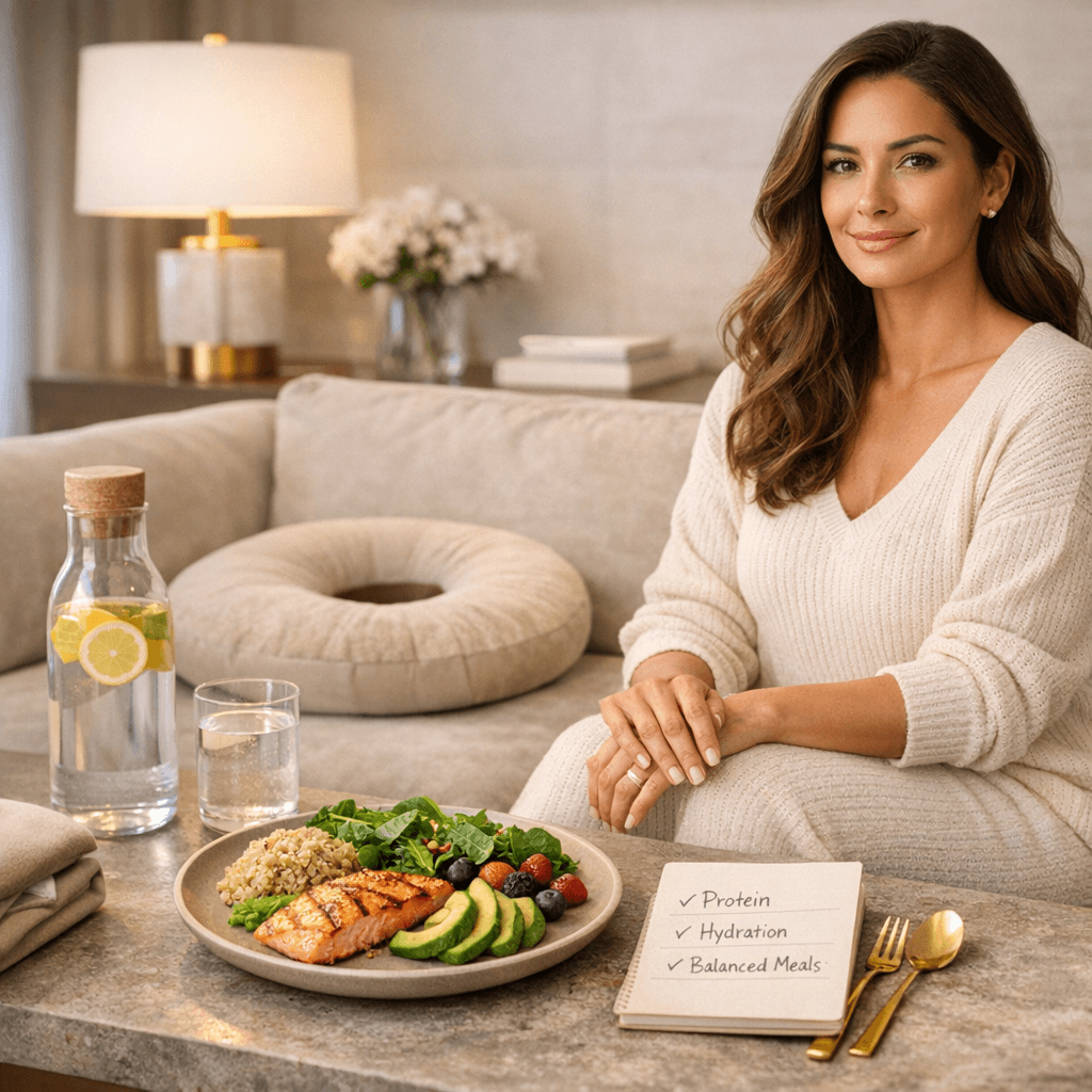 Luxury clinic-branded hero image: elegant post-op wellness vibe (stone-toned palette) with a healthy meal + water and subtle BBL-recovery cues (no explicit medical imagery).
