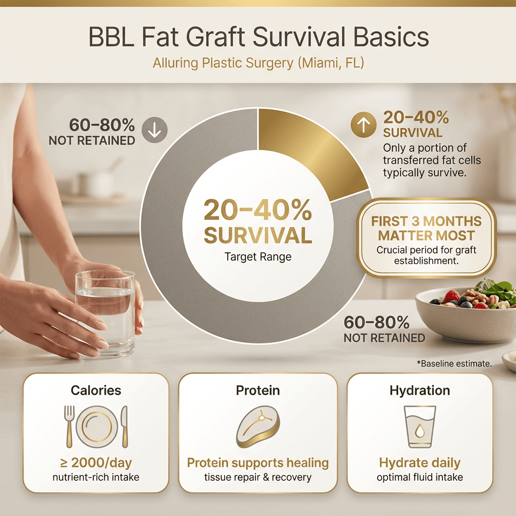 Infographic: “BBL Fat Graft Survival Basics” showing 20–40% baseline survival, factors that support survival (adequate calories, protein, hydration) and a “first 3 months matter most” callout in beige/cream with gold accents.