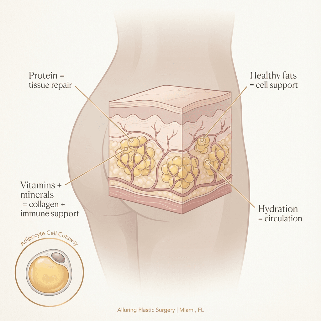 Clean anatomical illustration/diagram: fat cells in the grafted area with simplified callouts for “protein = tissue repair,” “healthy fats = cell support,” “vitamins/minerals = collagen + immune support,” “hydration = circulation.”