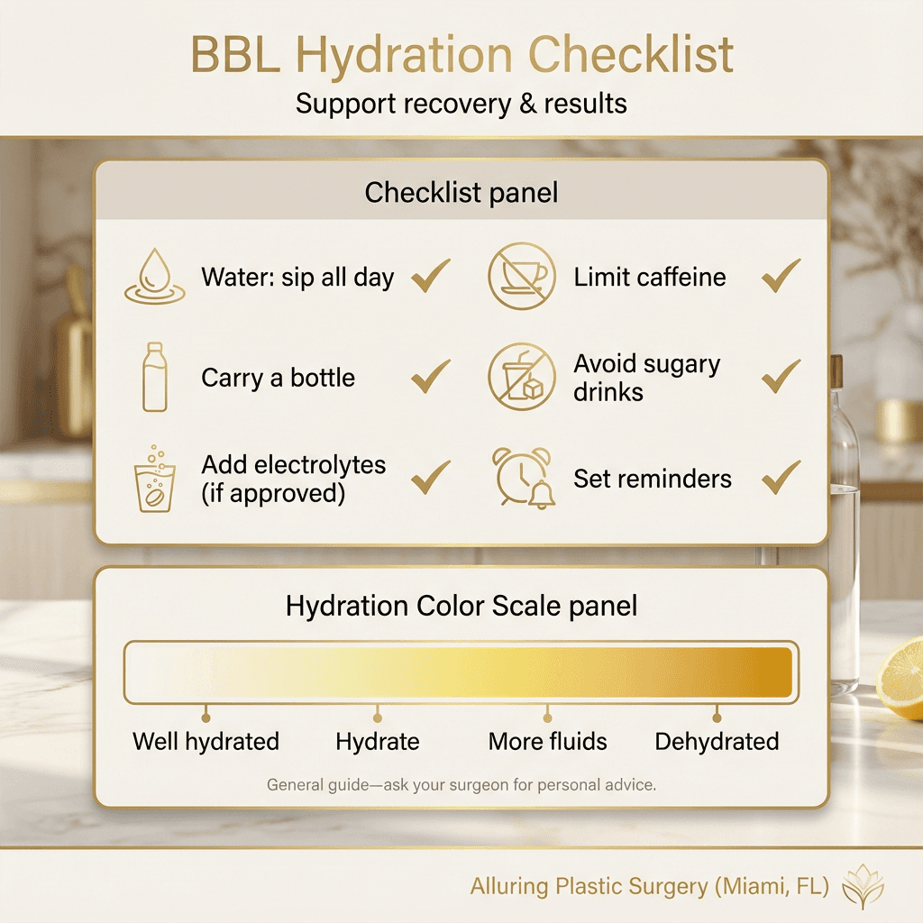 Mini infographic: hydration checklist (water intake reminders, limit caffeine/sugary drinks) plus a discreet “hydration color scale” (no explicit bodily imagery; use a stylized gradient and labels).