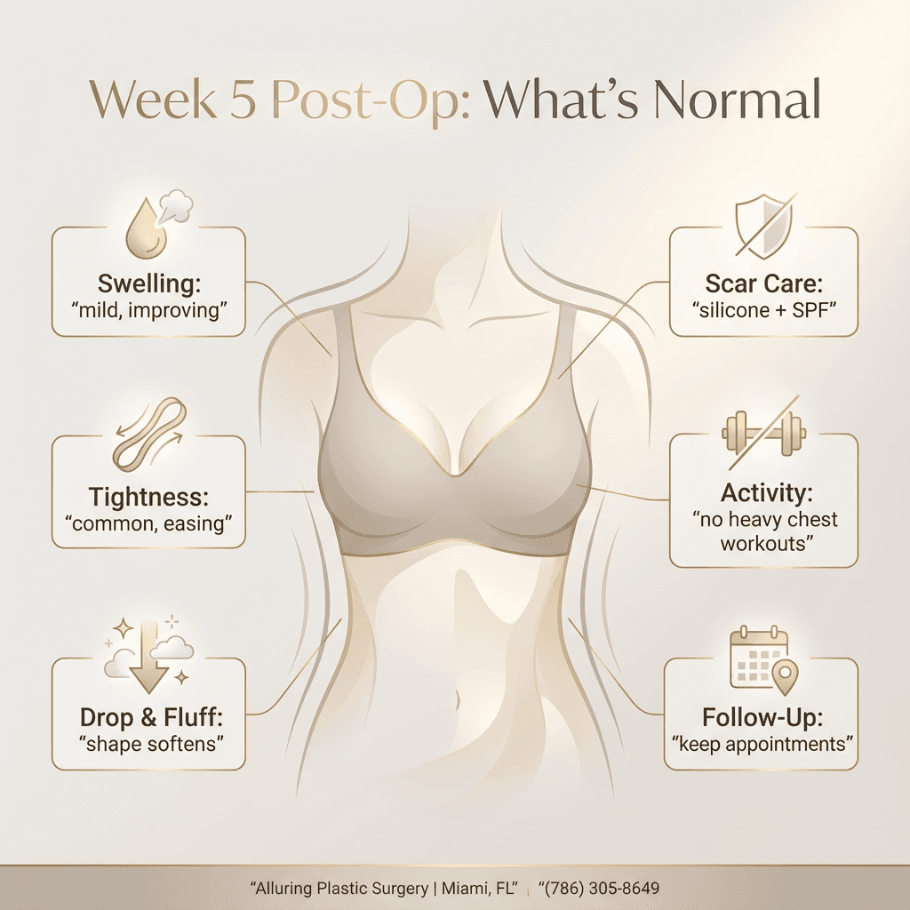 Clean recovery infographic: “Week 5 Post-Op: What’s Normal” with 4–6 callouts (swelling, tightness, drop & fluff, scar care, activity limits, follow-up).