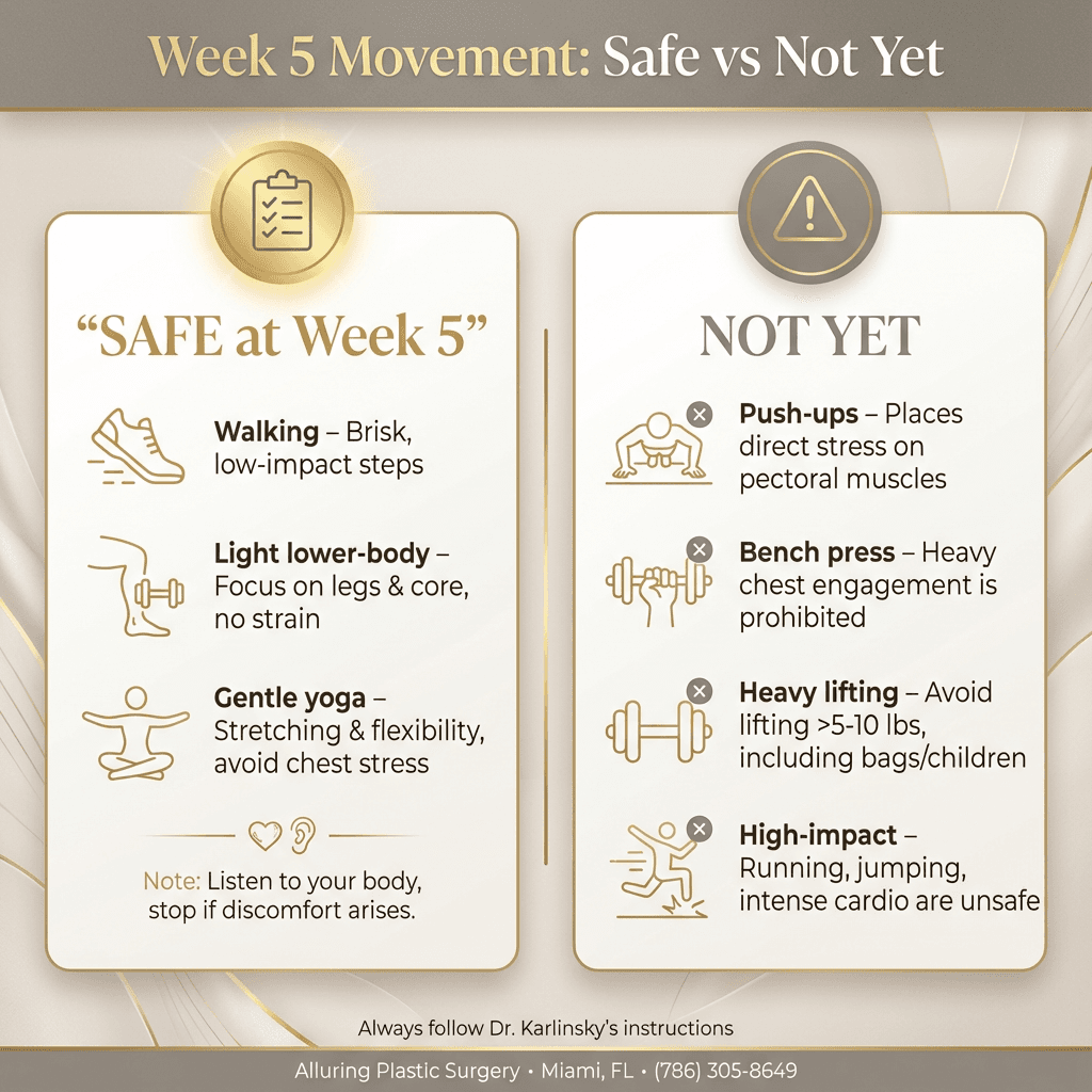 Two-column infographic: “Safe at Week 5” vs “Not Yet” (walking, light lower-body, gentle yoga) and “avoid” (push-ups, bench press, heavy lifting, high-impact).