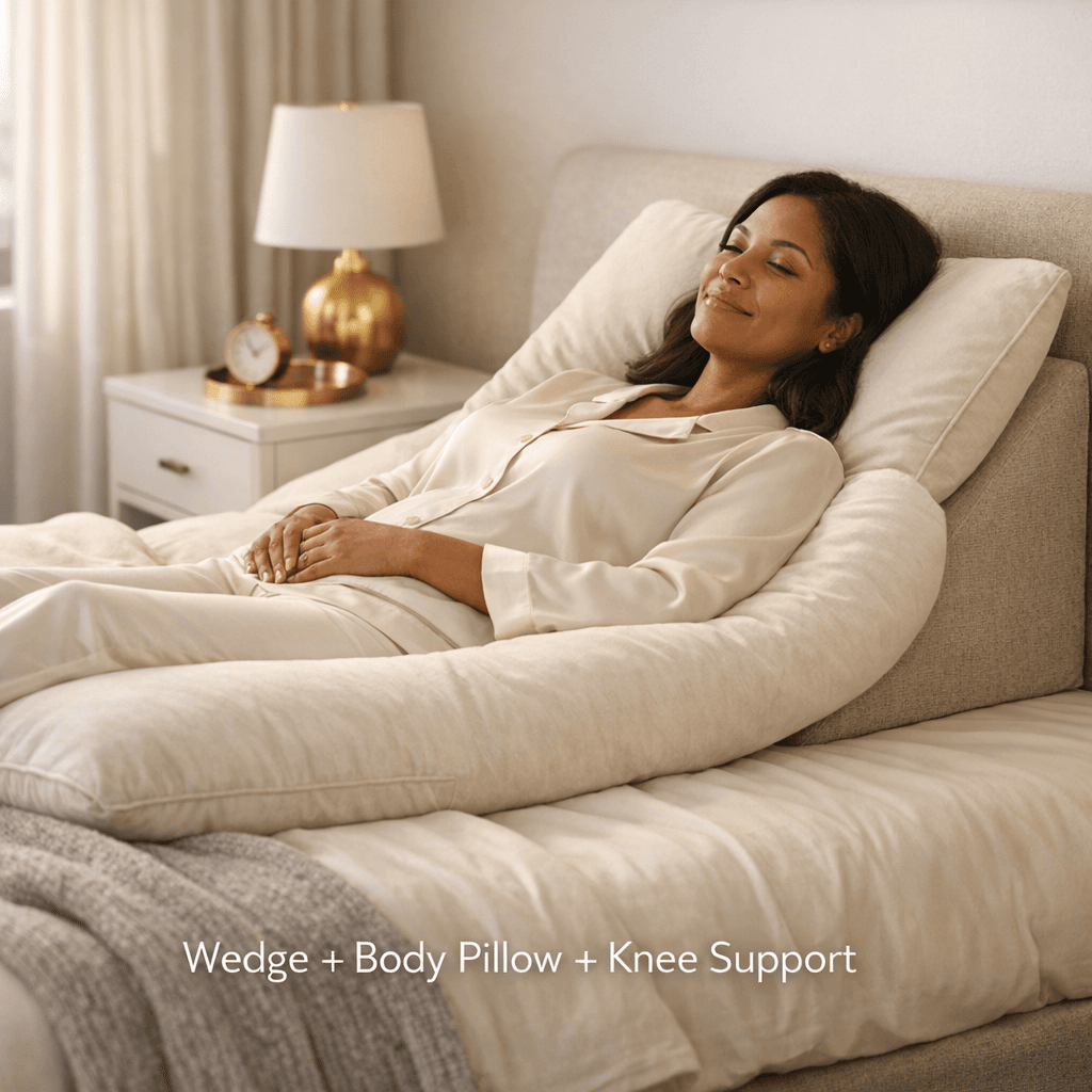 Tasteful bedroom lifestyle photo (stone-toned bedding) showing a woman resting on her back with wedge pillow + side/body pillow + pillow under knees (no medical gore; serene, elevated comfort).